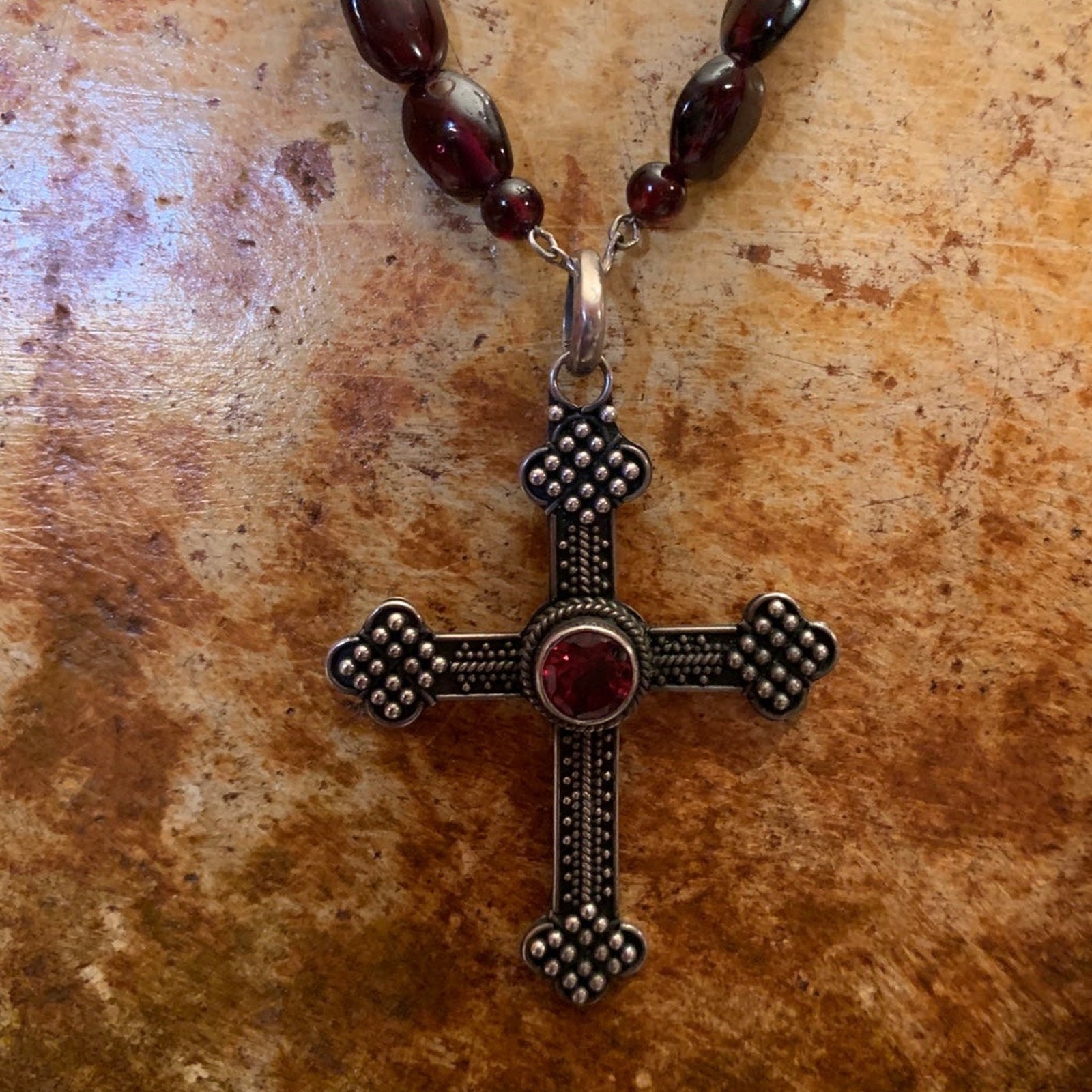 Sterling Silver And Garnet Cross Necklace 60$